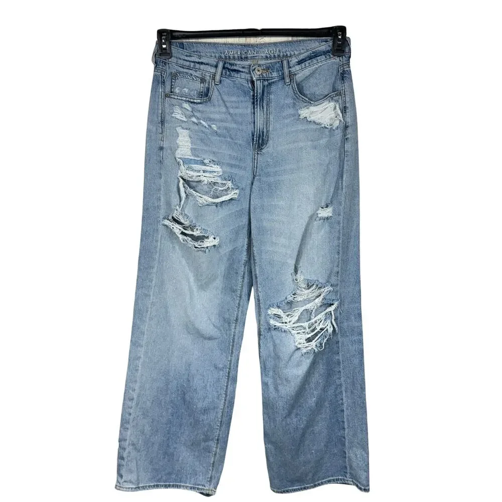 American Eagle SZ 10 Skater Jeans Wide-Leg Distressed Rips Zip-Fly Hi-Rise Blue - Picture 1 of 12